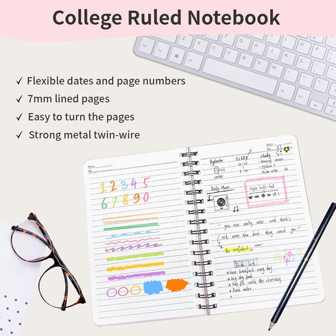 Lined Spiral Notebook 3 Pack, A5 Pink College Ruled Hardcover Journal, 160 Pages, 5.67" x 8.4", 100 GSM Paper