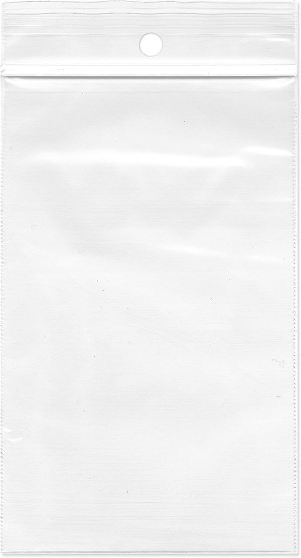 Plymor 3" x 5" Reclosable Plastic Bags (Case of 1,000) - 2 Mil with Hang-Hole Zipper