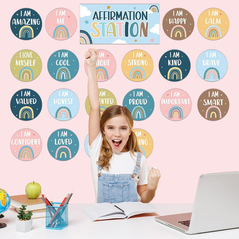Boho Affirmation Station Bulletin Board Set Rainbow Positive Bulletin Board for Classroom Decorations Motivational