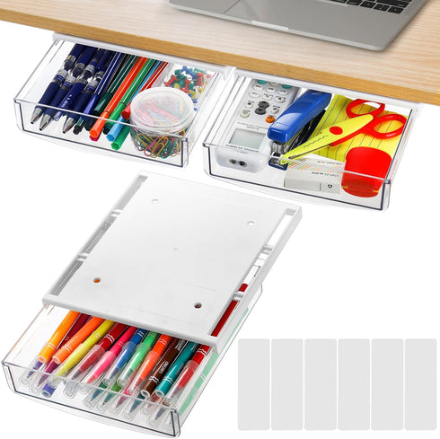 SOUJOY 3 Pack Under Desk Drawer, Self-Adhesive Slide Out Organizer Tray, Plastic Hidden Attachable Drawer for Home,