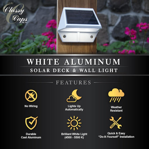 SL179, Classy Caps Solar Deck & Wall Lights, Model White - High Performance, Energy Efficient, Weather-Resistant