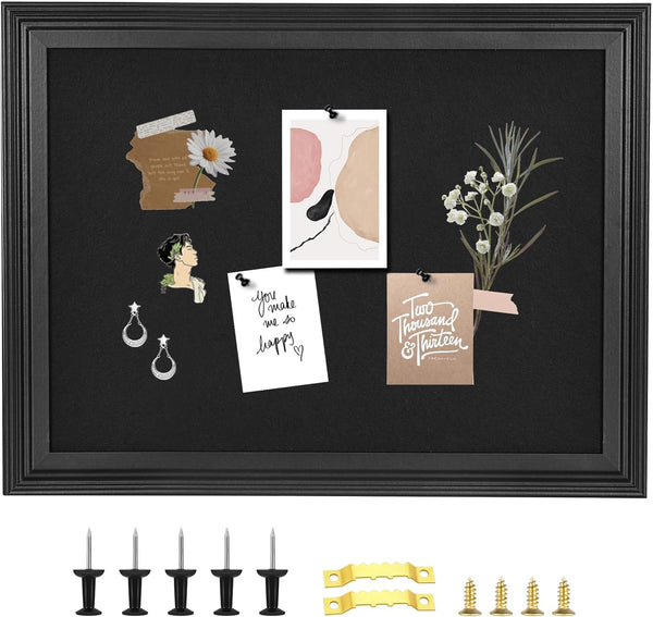 Bulletin Board with Felt, Black Wood Framed Display for Walls with Pins, Eye Bolts, and Screws for Office Decor