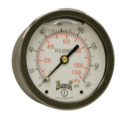 Winters 2-1/2" Dial Size Liquid Filled Industrial Pressure Gauge, Brass Internals, Dual Scale 0-160 psi/kPa