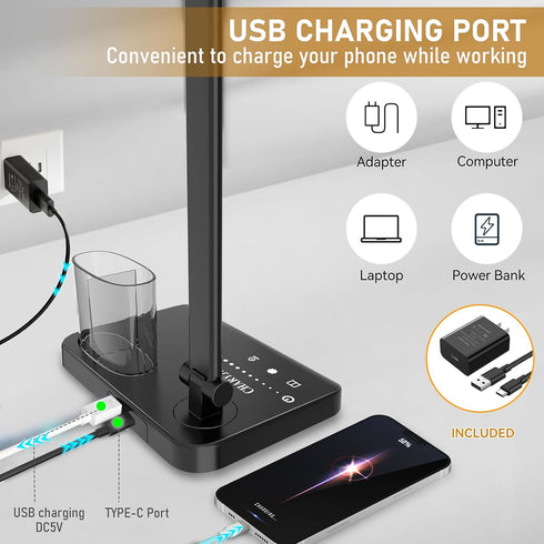 Dimmable 50 CHARYJOD LED Desk Lamp with USB Charging Port Bright, Lighting Modes Dual Swing Arm Architect Table Lamp