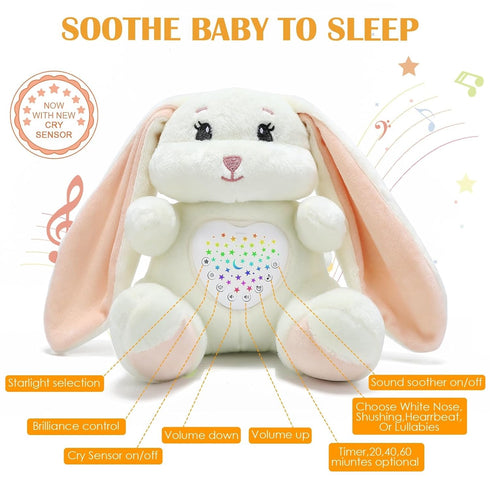 Baby Sleep Soother Bedtime Bunny Toy with Cry Sensor, Moms Heartbeat Lullabies White Noise, Starlight Projector