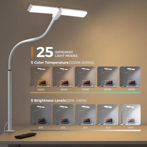 Motumen 25 Led Desk Lamp for Home Office, Eye-care Architect Light with Clamp, Smart Double Head Computer Monitor Table