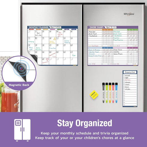 Magnetic Whiteboard Calendar for Fridge: White Board Calendar Dry Erase and Family Chore Chart for Multiple Kids Adults with Grocery List, Dry Erase Markers and Eraser - 14 x 11 Inches by HOMiDEK