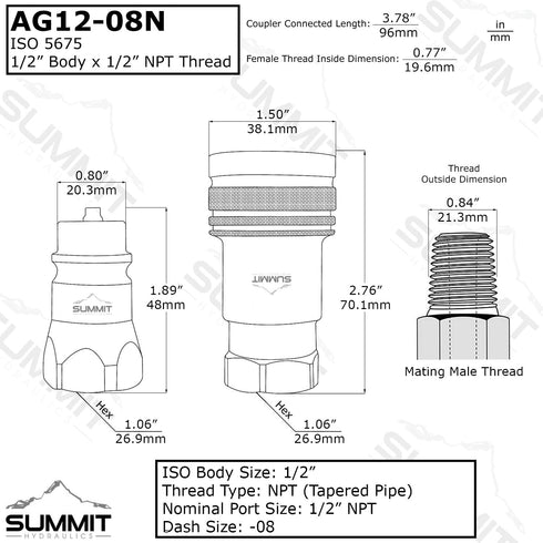 Summit Hydraulics 1/2" Ag ISO 5675 Hydraulic Quick Connect Couplers, Poppet Pioneer Style with Dust Caps