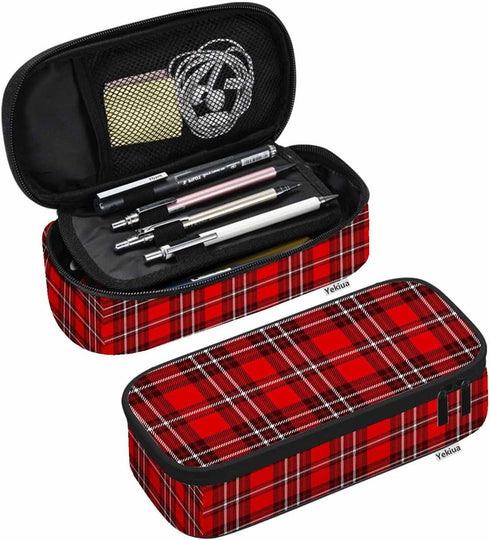 Plaid Check Pencil Pouch - Scottish Tartan High Capacity Pencil Case, Stationary Bag, Cosmetics Bag (Red White)