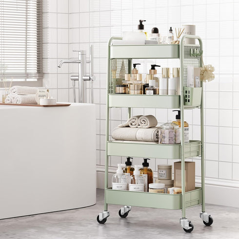 4 TOOLF Tier Rolling Cart with Pegboard, Metal Storage Organizer Cart with Wheels, Hooks & Bins Esthetician Craft Art