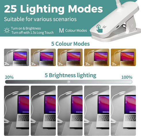 5 5 CUHIOY Clip on Reading Light for Bed Headboard, Rechargeable Battery Clamp on Bunk Bed Light, Colors Brightness