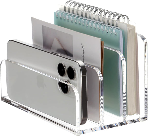 SANRUI Acrylic Mail File Organizer, 3 Upright Compartments, Clear Desktop Vertical Letter Holder for Office, Home