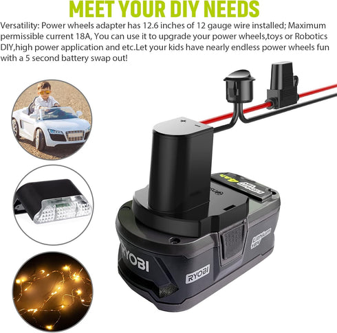 Power Wheel Adapter with Fuse & Switch, Secure Battery Adapter for Ryobi 18V ONE+ Lithium Battery, with 12 Gauge Wire, Good Power Convertor for DIY Ride On Truck, Robotics, RC Toys and Work Lights