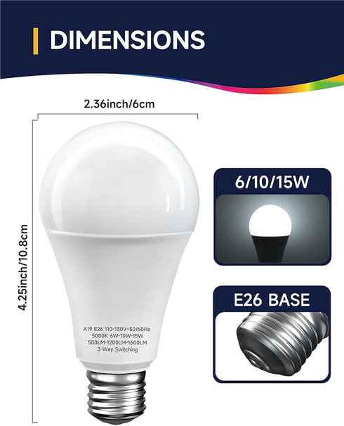 2 Pack 3 Way LED Light Bulbs, 30 70 100W Equivalent, Daylight White 5000K A19 E26, Indoor 3-Way Light Bulbs for Desk &