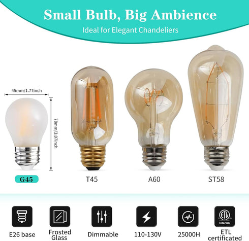 25 Bulbs E26 2700k Dimmable Bulbs G45 Cozy Frosted Watt Light Warm White Small Vintage Edison Low Watt Globe