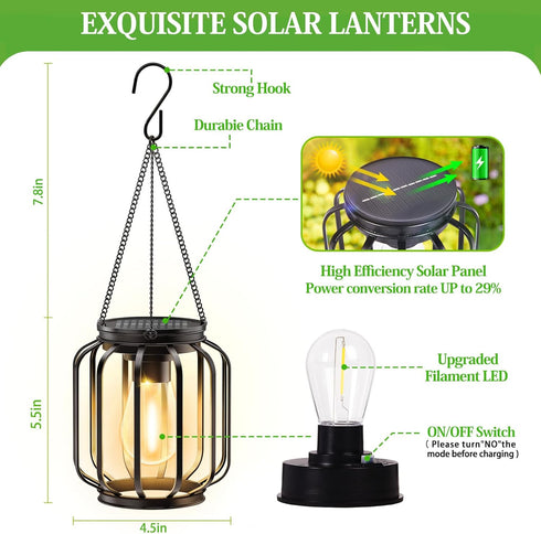 2 Pack Solar Hanging Lanterns Outdoor: Metal Solar Hanging Lights with Hook, Bright - Warm Waterproof LED Lanterns