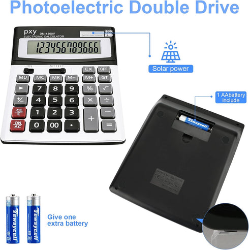 Desk Calculator, 12 Digit Extra Large LCD Display, Big Buttons, PXY Two Way Power Battery and Solar for Office