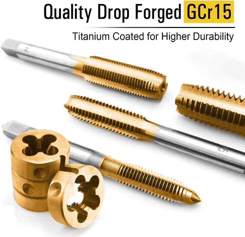 40PCS Set, GCr15 Azuno Metric Tap and Die Titanium Coated Bearing Steel with T-Handle/Wrench/Gauge/Screwdriver