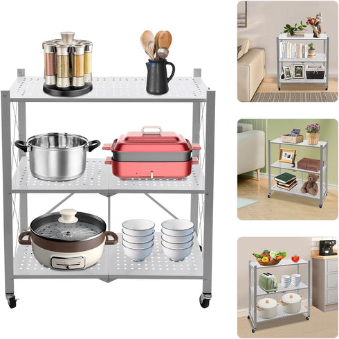 Oiveinya Cart,3-Tier Foldable Storage Rolling Portable Utility Service Cart with Wheels Folding Metal Cart Organizer