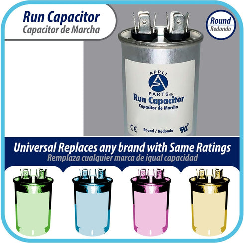 Appli Parts Run Capacitor for AC, 7.5 Mfd uF, 370/450 VAC, CBB65 Round Universal Fit for HVAC, 2-1/2" High, 1-1/2" Wide