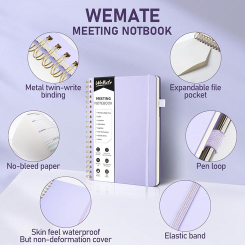 WEMATE Simplified Meeting Notebook, 200 Pages with Action Items, PU Leather Hardcover for Project Planner - Light Purple
