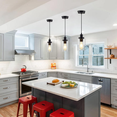 3-Pack Industrial Pendant Lights, Modern Clear Glass Shade Pendant Lighting, Black Pendant Light Fixtures Ceiling