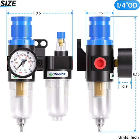 TAILONZ PNEUMATIC 1/4 Inch NPT AFC2000 Air Filter Pressure Regulator Kit(0-145 Psi)5 Micron Brass Element Air Tool Compressor Filter with Gauge and Lubricator Cup