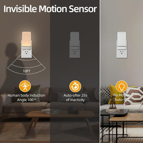 2PK Dawnrise Night Lights Plug into Wall, Invisible Motion Sensor Night Light, Soft Warm or Cool White Selectable