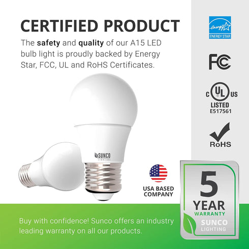 Sunco Lighting 10 Pack A15 LED Bulb, Dimmable Refrigerator Appliance Bulbs, 8W Equivalent, 3000K Warm White