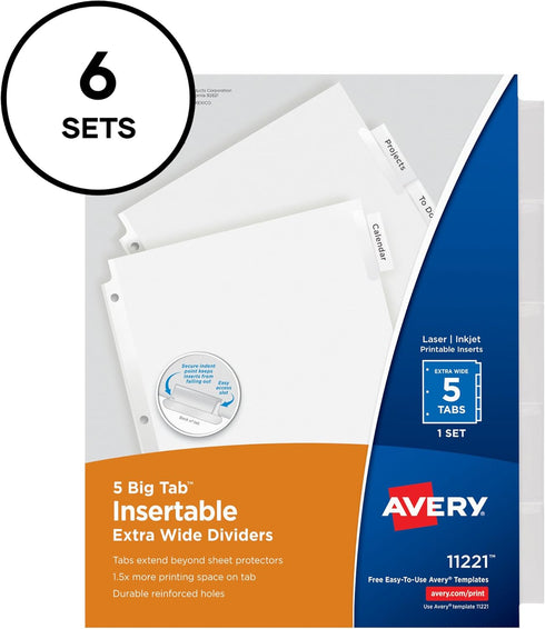 Avery Extra-Wide Big Tab Insertable Dividers for 3 Ring Binders - 5 Tab Sets, White Paper, Clear Tabs, 6 Sets (41121)