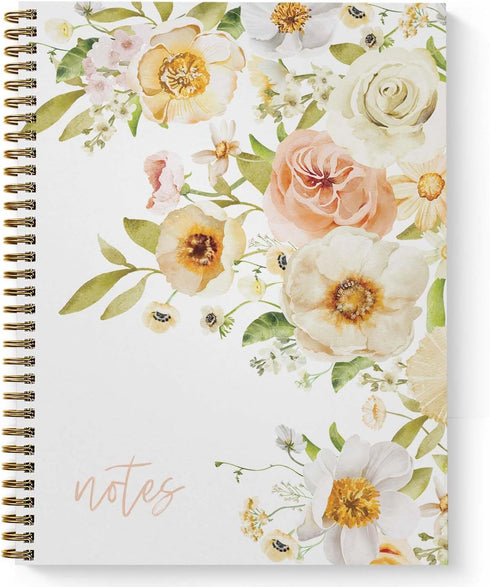Floral Bouquet Spiral Notebook, 8.5" x 11" Journal, 120 College Ruled Pages, Durable Gloss Laminated Softcover, Gold