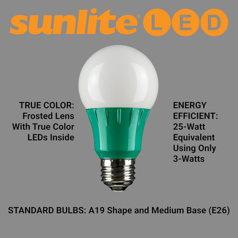 Sunlite LED A19 Colored Light Bulb, 3 Watts (25w Equivalent), E26 Medium Base, Green