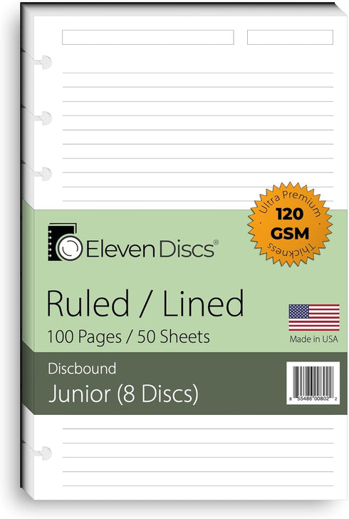 Discbound Paper, Junior Size Ruled Sheets, Premium 120gsm Notebook & Planner Refills, 50 Sheets