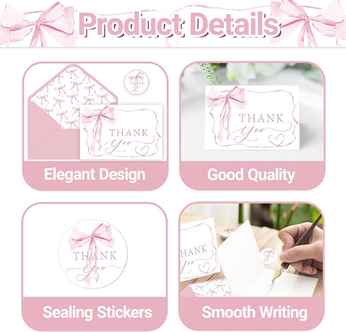 SMUAENSS 48 Pack Pink Bow Thank You Cards, Bowknot Bridal Shower Greeting Card with Envelopes and Stickers for Birthday