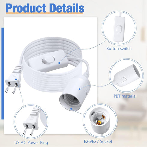 12ft E26 E27 Bulb Light(White,4 Coume Extension Hanging Lantern Cord Cable Extension Light Hanging Lantern Pendant Lamp