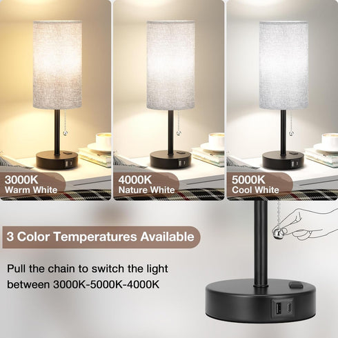 17.4Inches 3 Grey Bedside Lamp for Bedroom Nightstand - Tall Table Lamp with USB A + C Charging Port & AC Outlet, Color