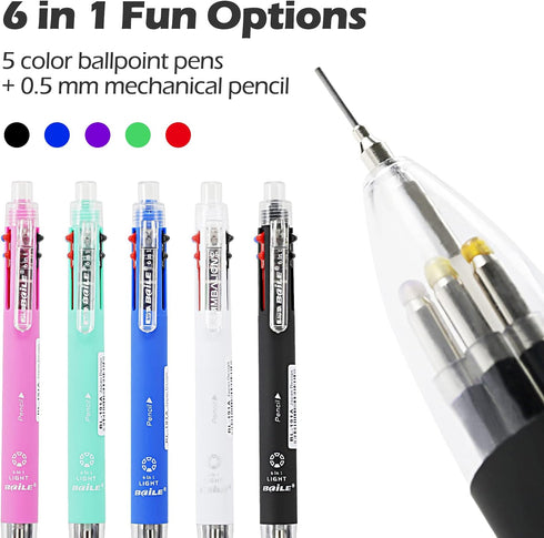 Baile 6 in 1 Multifunctional Ballpoint Pens 5 Colors 0.7 mm Ballpoint Pen and 0.5 mm Mechanical Pencil in One Pen, Pack of 5 by Baile