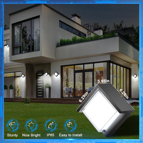 12W, 6000K 1200LM IP65 ledmo LED Wall Light Outdoor Square Exterior Porch Lights with Cover Wall Mounted Fixture Black