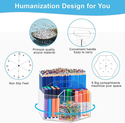 OIF Acrylic Pen Holder, 360-Degree Rotating Pencil Organizer with 6 Compartments for Kids, Office Desk