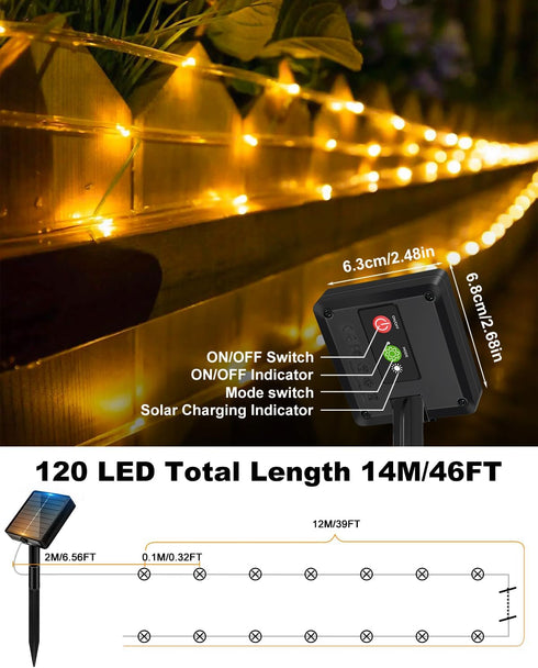 120LED 46FT 8 btfarm Solar Rope Lights, Solar String Lights Outdoor Waterproof, Lighting Modes Solar Powered Strip Tube