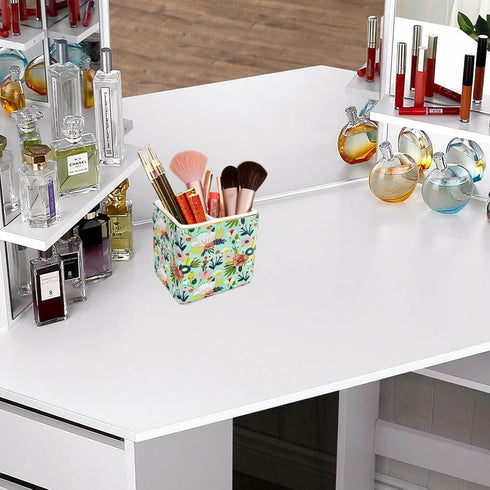 Pen Holder for Desk, Ceramic 2 Compartments Gold Garden Floral Pencil Holder, Women Organizer for Office Home