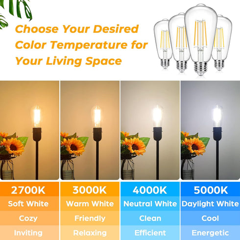 4-Pack Vintage LED Edison Bulbs 100W Equivalent, 1400LM High Brightness, 8W ST58 LED Filament Light Bulbs