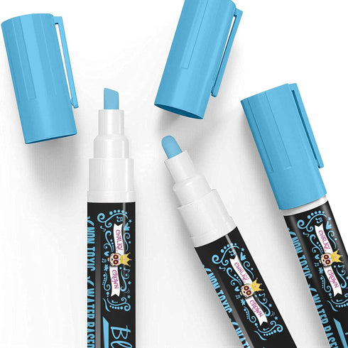 CHALKY CROWN Liquid Chalk Marker Pen, Dry Erase Marker for Chalkboard Signs, Windows, Glass (6mm Reversible Tip, Blue,