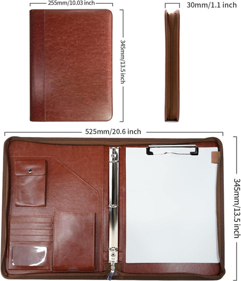WRIYES Leather Padfolio with 3 Ring Binder, Zippered Portfolio Organizer, Professional Business Binder for