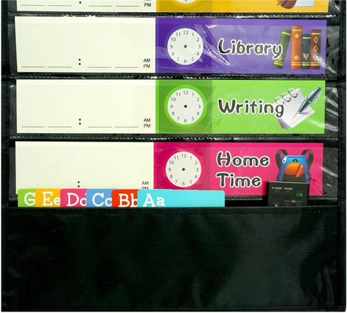 Daily Schedule Pocket Chart - Black Class Schedule with 26 Cards, 13+1 Pockets, Easy Over-door Mountings
