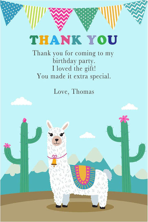 Pink The Cat 30 Thank you cards kids birthday alpaca llama with envelopes (set of