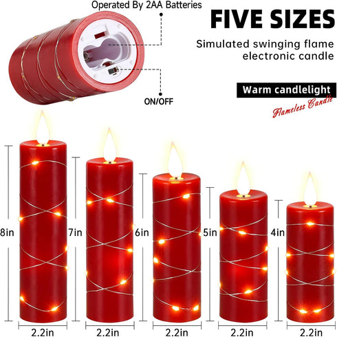 Candles,Set 5 Upinmz Red Flameless Candle with Remote Control and Timer,Flickering Battery Operated Candles with String