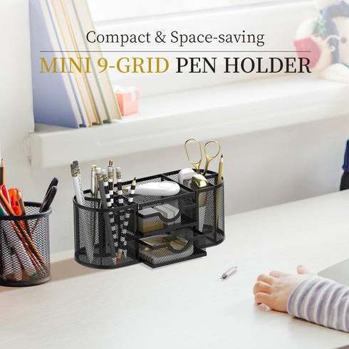 SUPEASY Mesh Desk Organizer with Drawers, Pen Holder for Office Supplies, Black