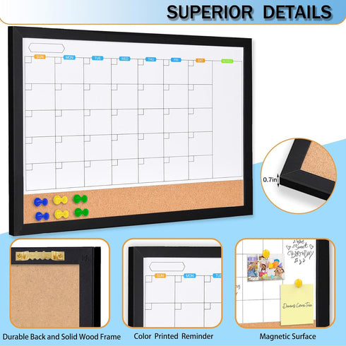 Monthly Whiteboard Calendar with Cork Board for Wall, 17"x13", Magnetic Dry Erase Board with Black Wood Frame