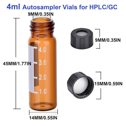 ESHATO 4ML Autosampler Vial, 100 Pack HPLC/GC Amber Vials with Screw Cap, Writing Patch, White PTFE and Silicone Septa